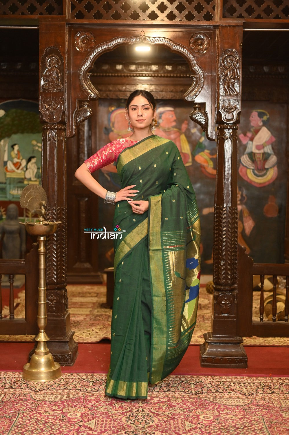 Very Much Indian Authentic Handloom Pure Cotton Paithani with Handcrafted Parrot Pallu - Forest Green | Swadesiicart