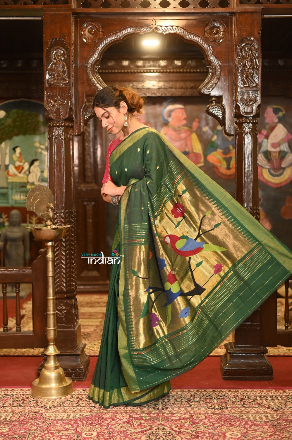 Very Much Indian Authentic Handloom Pure Cotton Paithani with Handcrafted Parrot Pallu - Forest Green | Swadesiicart