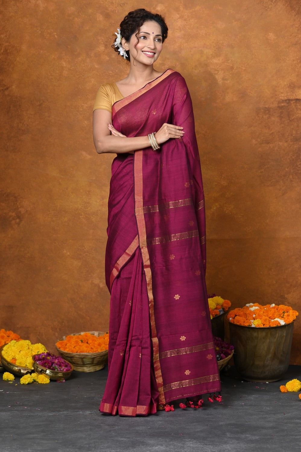 Very Much Indian Designed by VMI - High Quality Mul Cotton Handloom Woven with Sleek Border and Flower Buttis - Magenta Pink | Swadesiicart