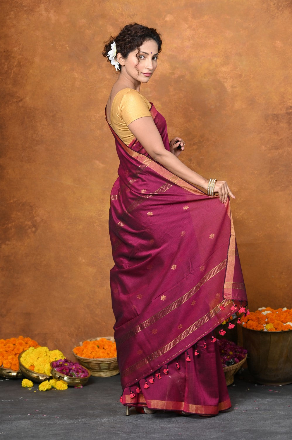Very Much Indian Designed by VMI - High Quality Mul Cotton Handloom Woven with Sleek Border and Flower Buttis - Magenta Pink | Swadesiicart