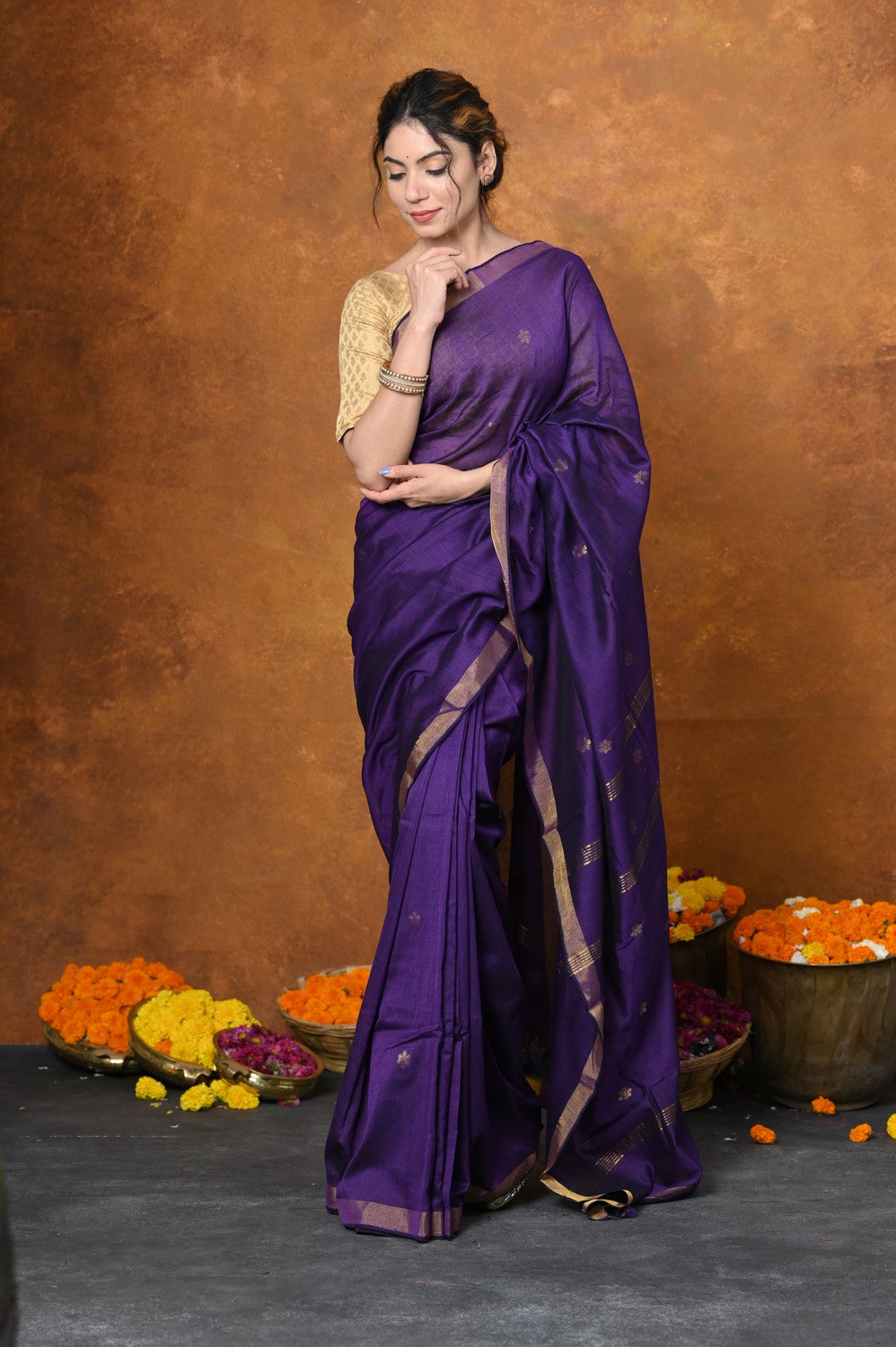 Very Much Indian Designed by VMI - High Quality Mul Cotton Handloom Woven with Sleek Border and Flower Buttis - Violet | Swadesiicart