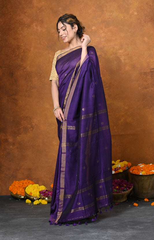 Very Much Indian Designed by VMI - High Quality Mul Cotton Handloom Woven with Sleek Border and Flower Buttis - Violet | Swadesiicart