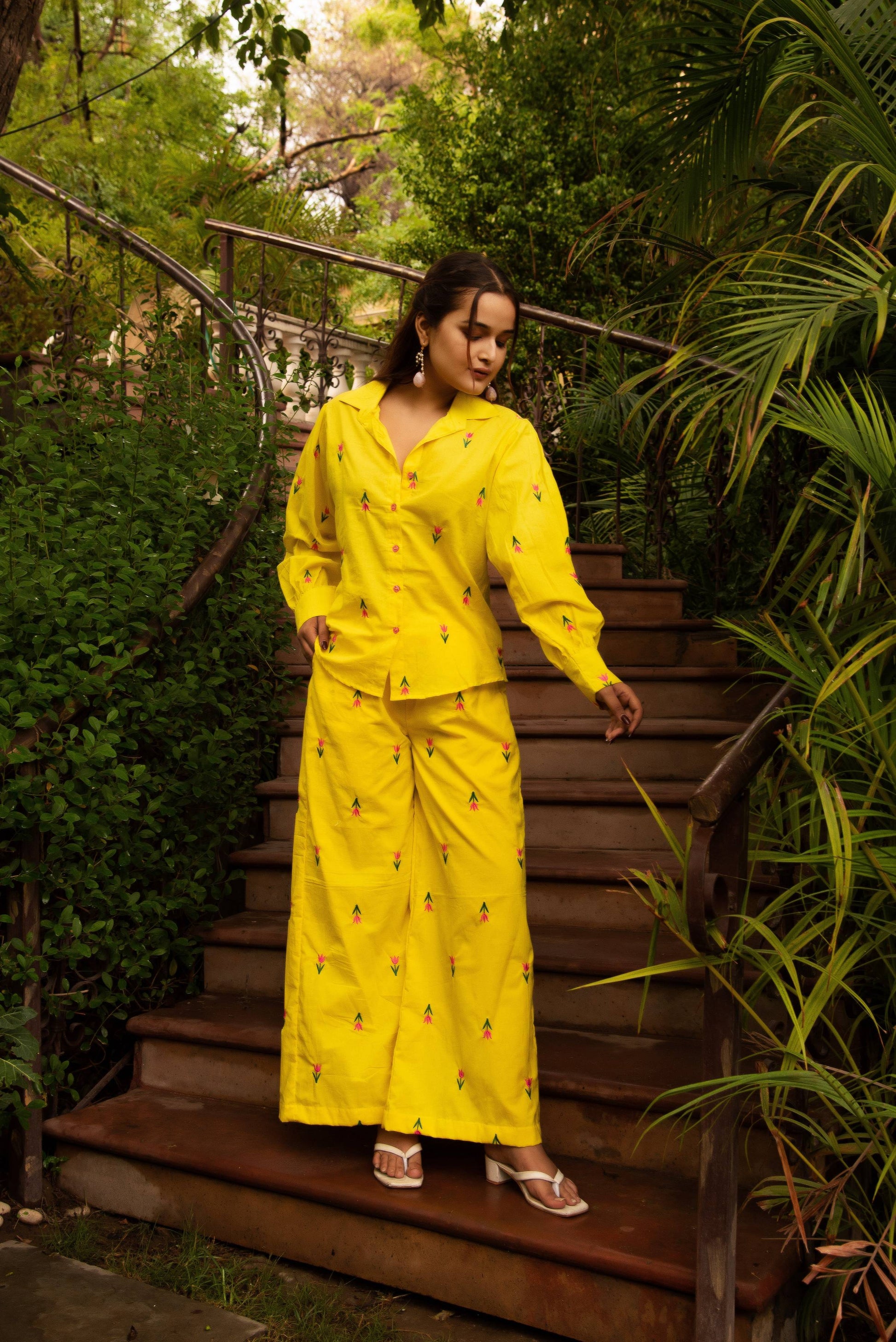 Pomcha Jaipur Gaurangi Ira Yellow Embroidery Co-Ord Set - Swadesiicart
