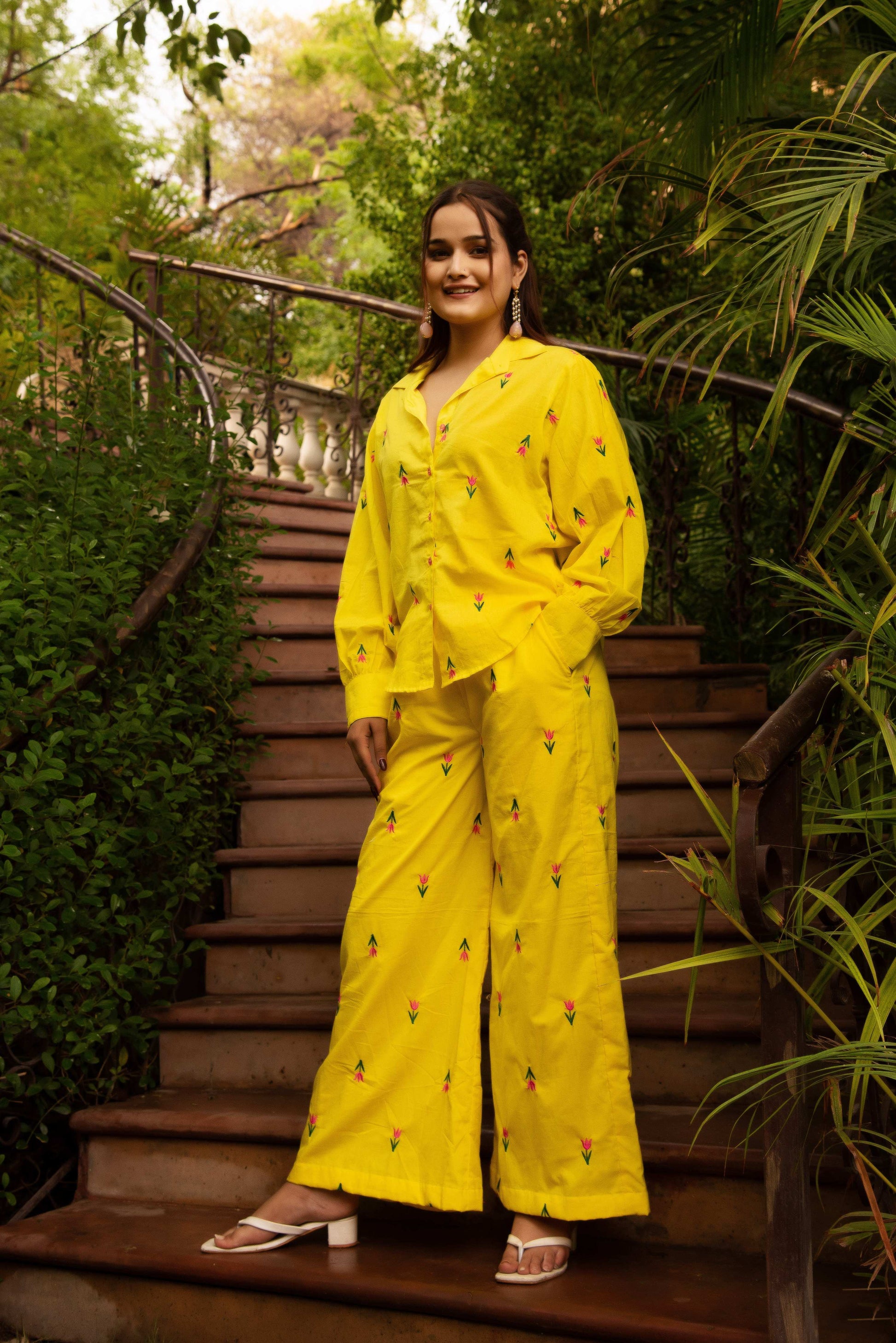 Pomcha Jaipur Gaurangi Ira Yellow Embroidery Co-Ord Set - Swadesiicart