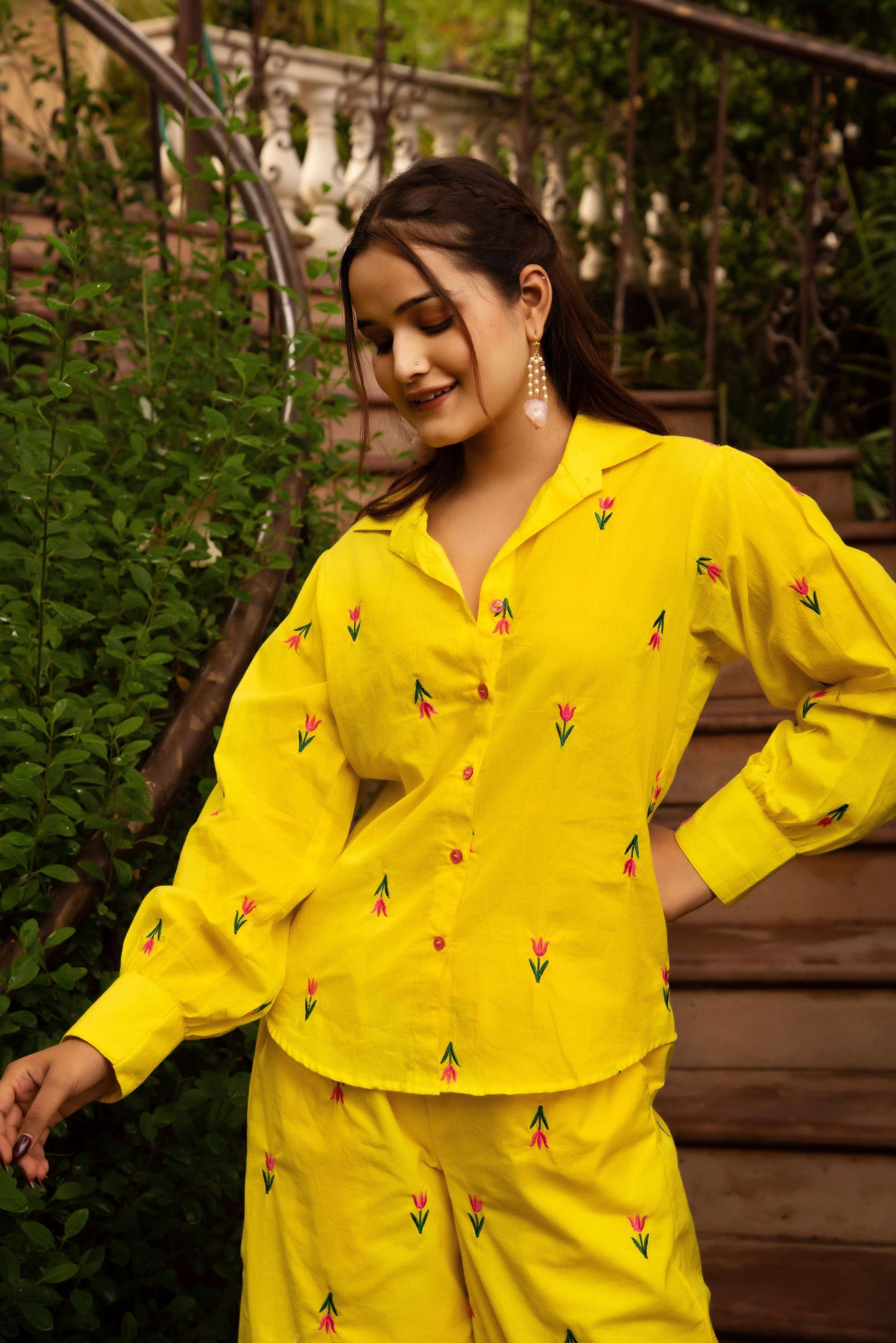 Pomcha Jaipur Gaurangi Ira Yellow Embroidery Co-Ord Set - Swadesiicart
