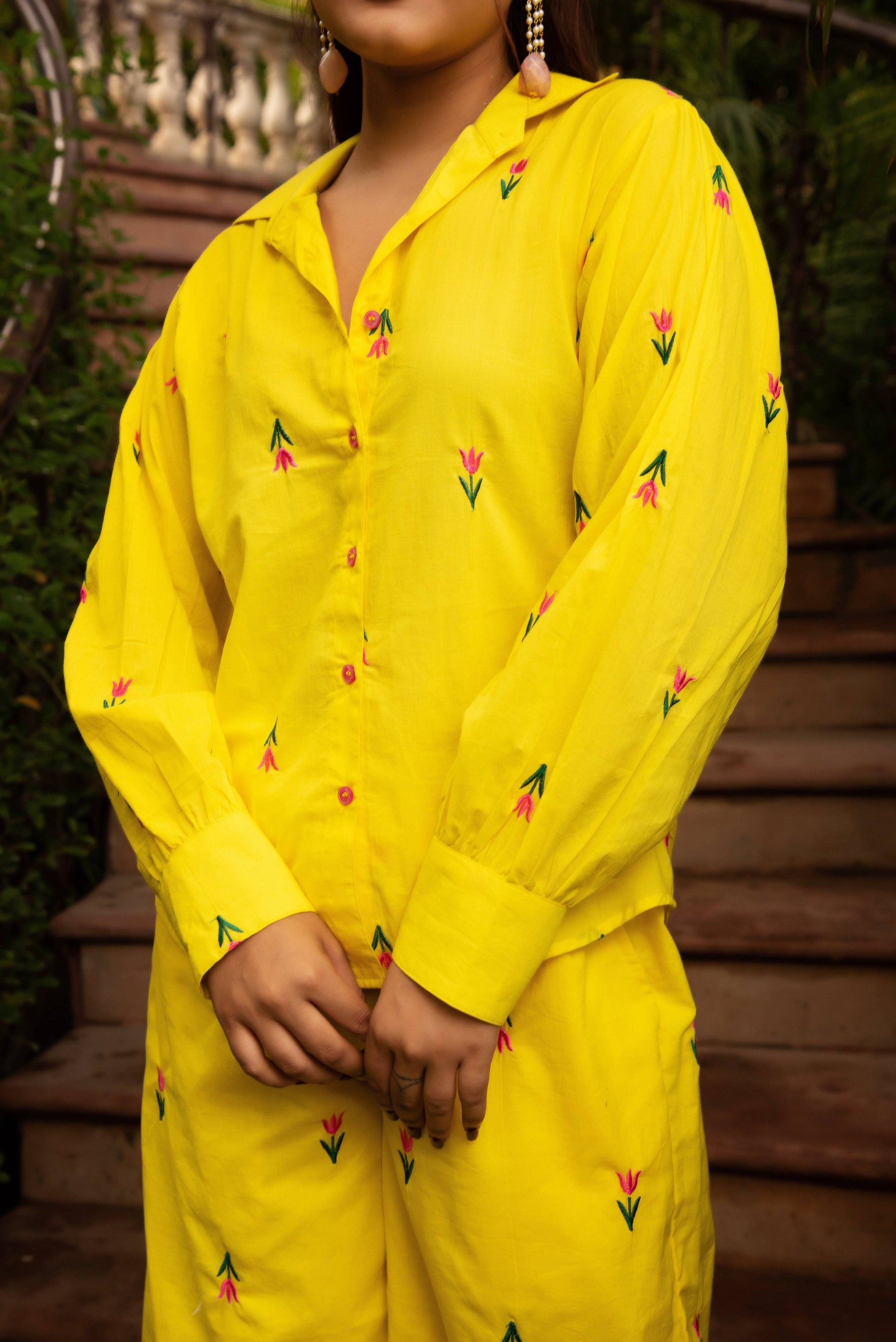 Pomcha Jaipur Gaurangi Ira Yellow Embroidery Co-Ord Set - Swadesiicart
