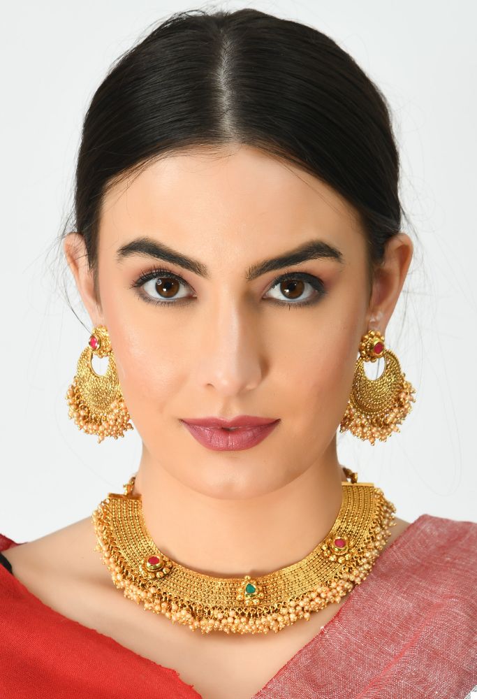 Mominos Fashion Johar Kamal Gold-Polished Brass Finish Stone/Beads Choker For Women (Golden) | Swadesiicart