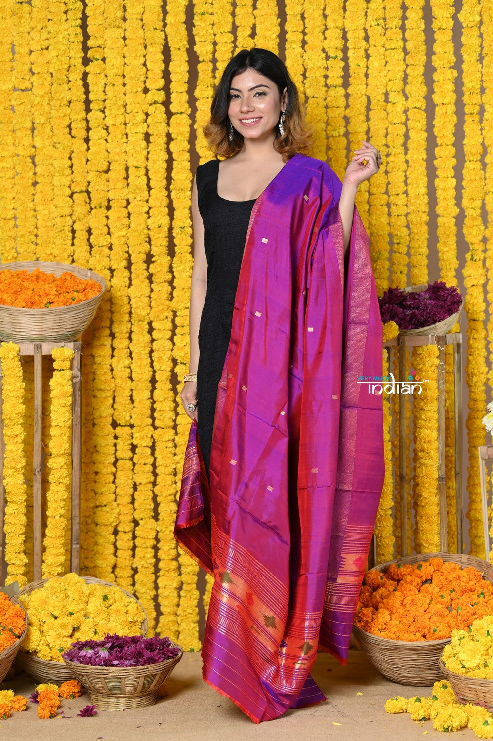 Very Much Indian Rajsi - Handloom Pure Silk Paithani Dupatta With Beautiful Zari Work and Handwoven Buttis - Starlight Violet | Swadesiicart