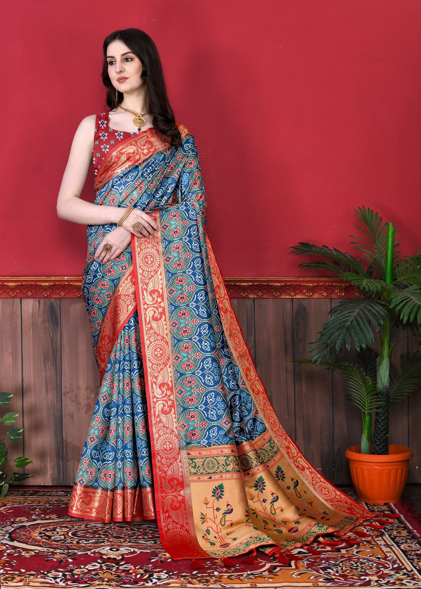 Lorenvalley Fashion Soft Paithani Silk Saree With Patola Print And Contrast Border & Printed Blouse - Mutlicolor - Swadesiicart