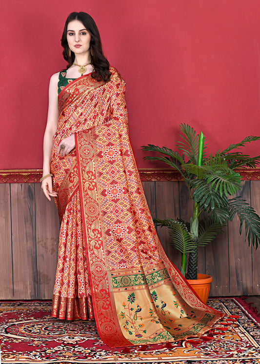 Lorenvalley Fashion Soft Paithani Silk Saree With Patola Print And Contrast Border & Printed Blouse - Mutlicolor - Swadesiicart