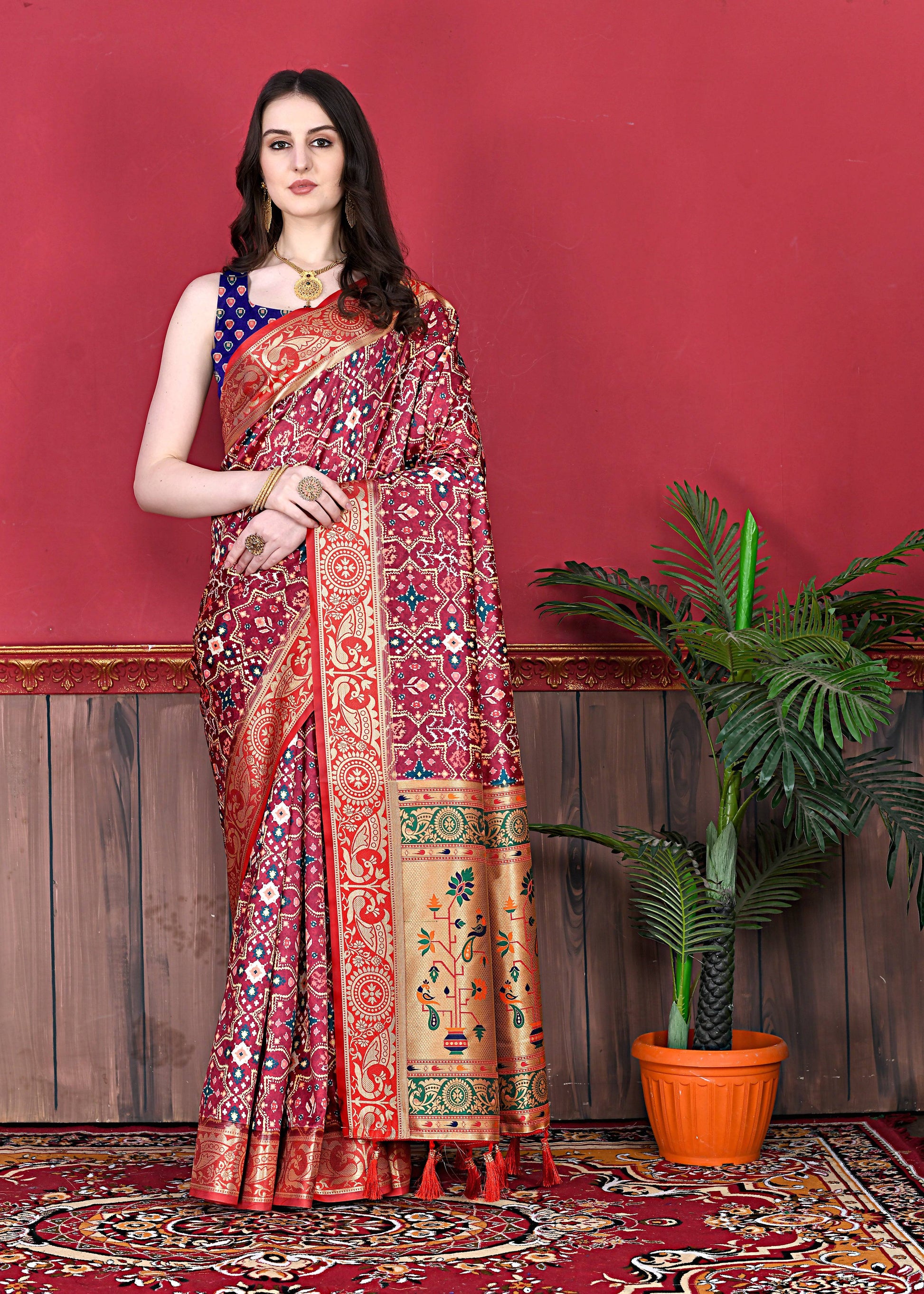 Lorenvalley Fashion Soft Paithani Silk Saree With Patola Print And Contrast Border & Printed Blouse - Mutlicolor - Swadesiicart