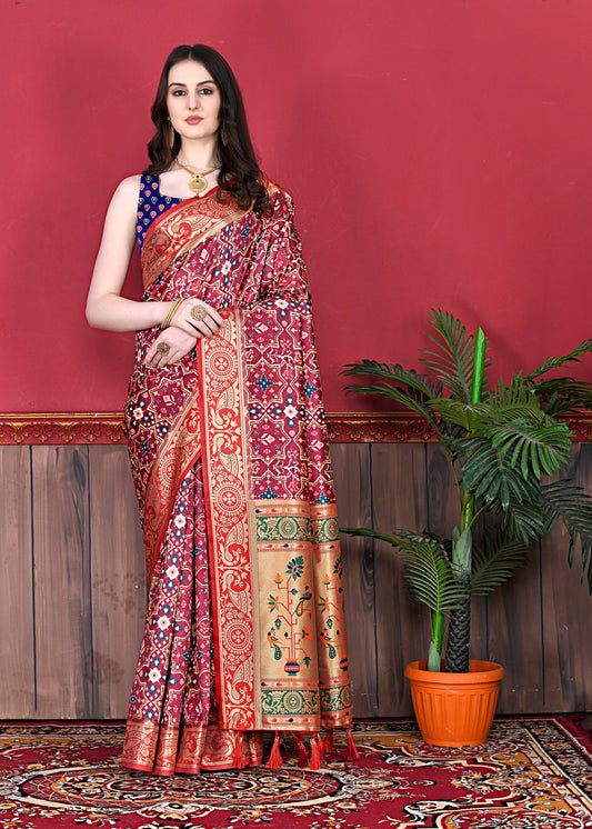 Lorenvalley Fashion Soft Paithani Silk Saree With Patola Print And Contrast Border & Printed Blouse - Mutlicolor - Swadesiicart