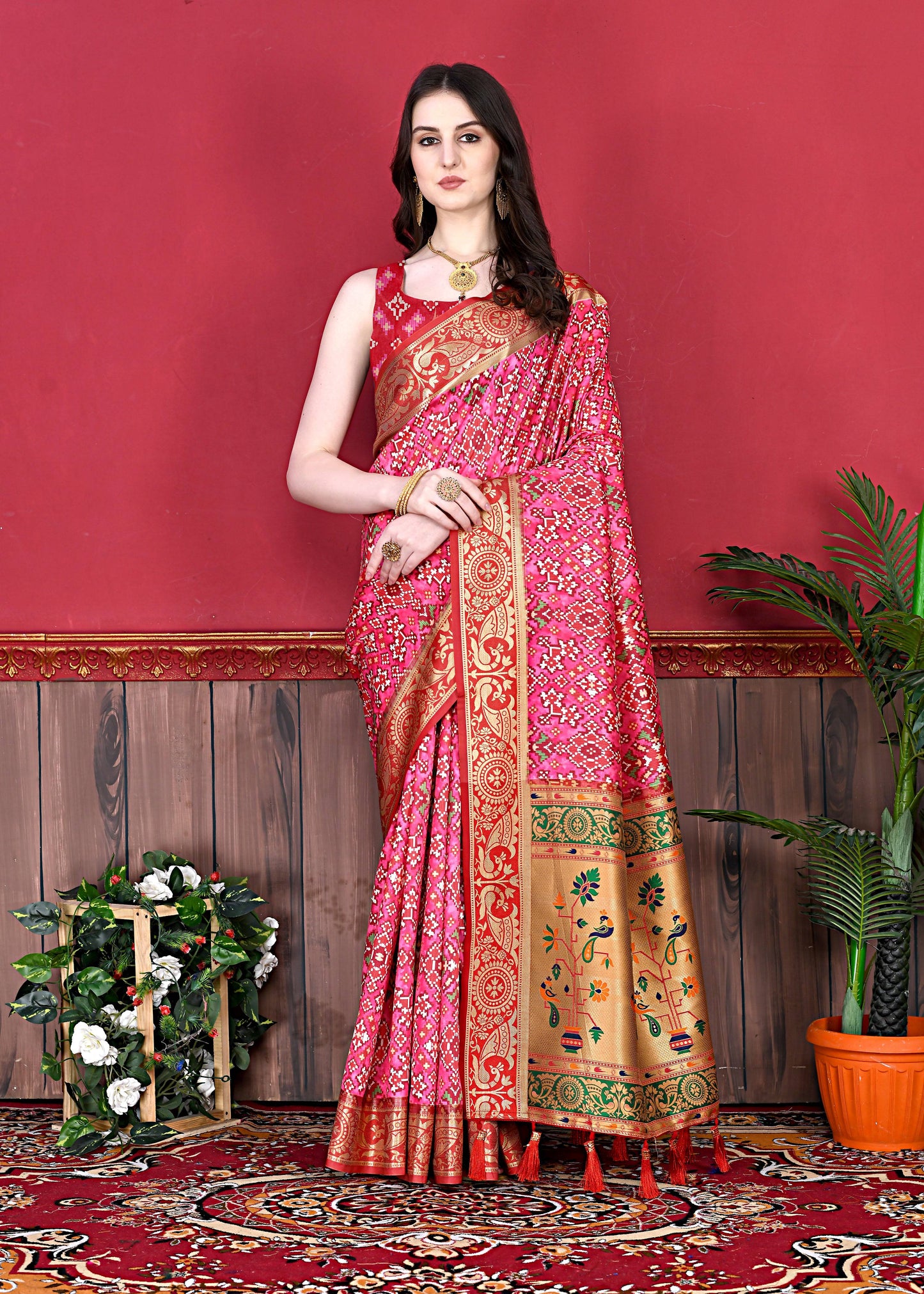 Lorenvalley Fashion Soft Paithani Silk Saree With Patola Print And Contrast Border & Printed Blouse - Mutlicolor - Swadesiicart