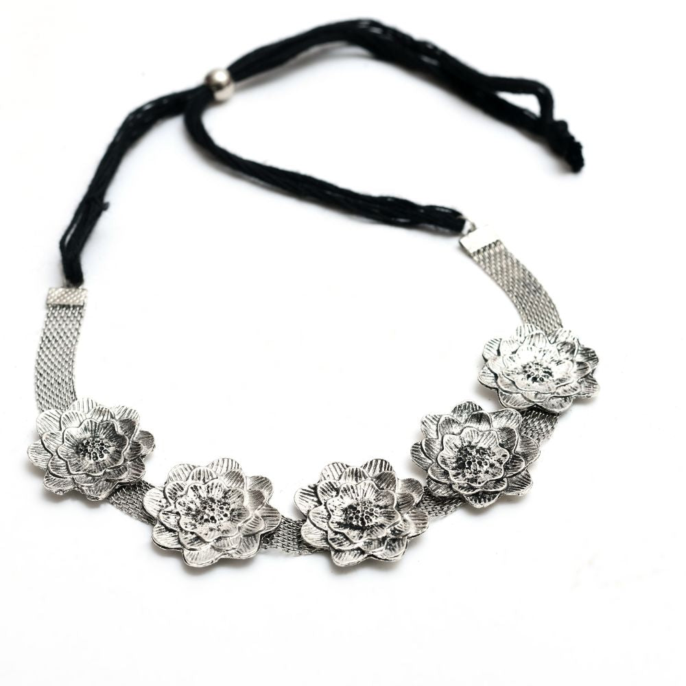Mominos Fashion Johar Kamal Silver-Plated Brass Finish Rose Design Choker For Women (Silver) | Swadesiicart