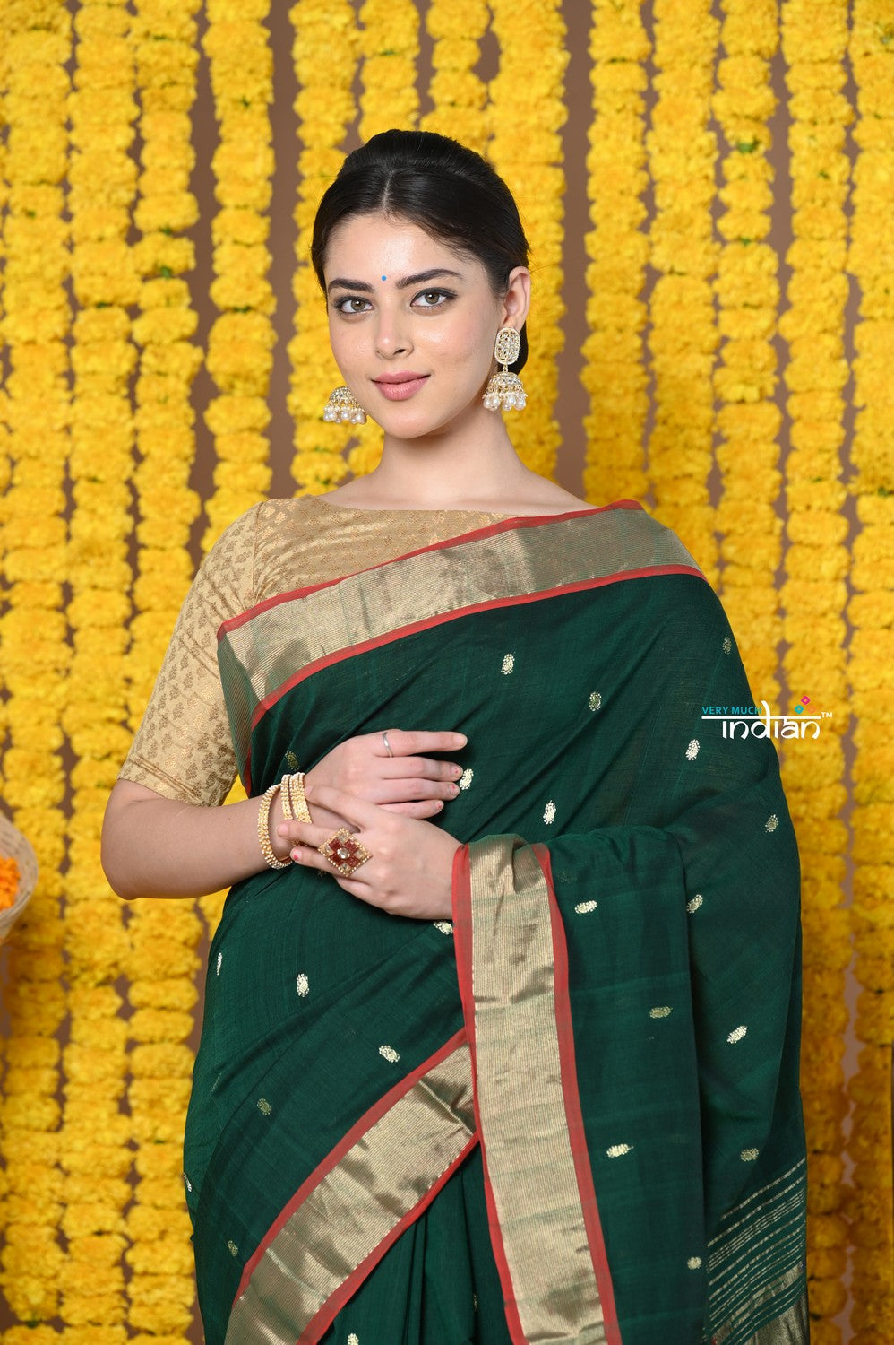 Very Much Indian Rajsi - Handloom Pure Cotton Paithani With Peacock Pallu - Dark Green | Swadesiicart