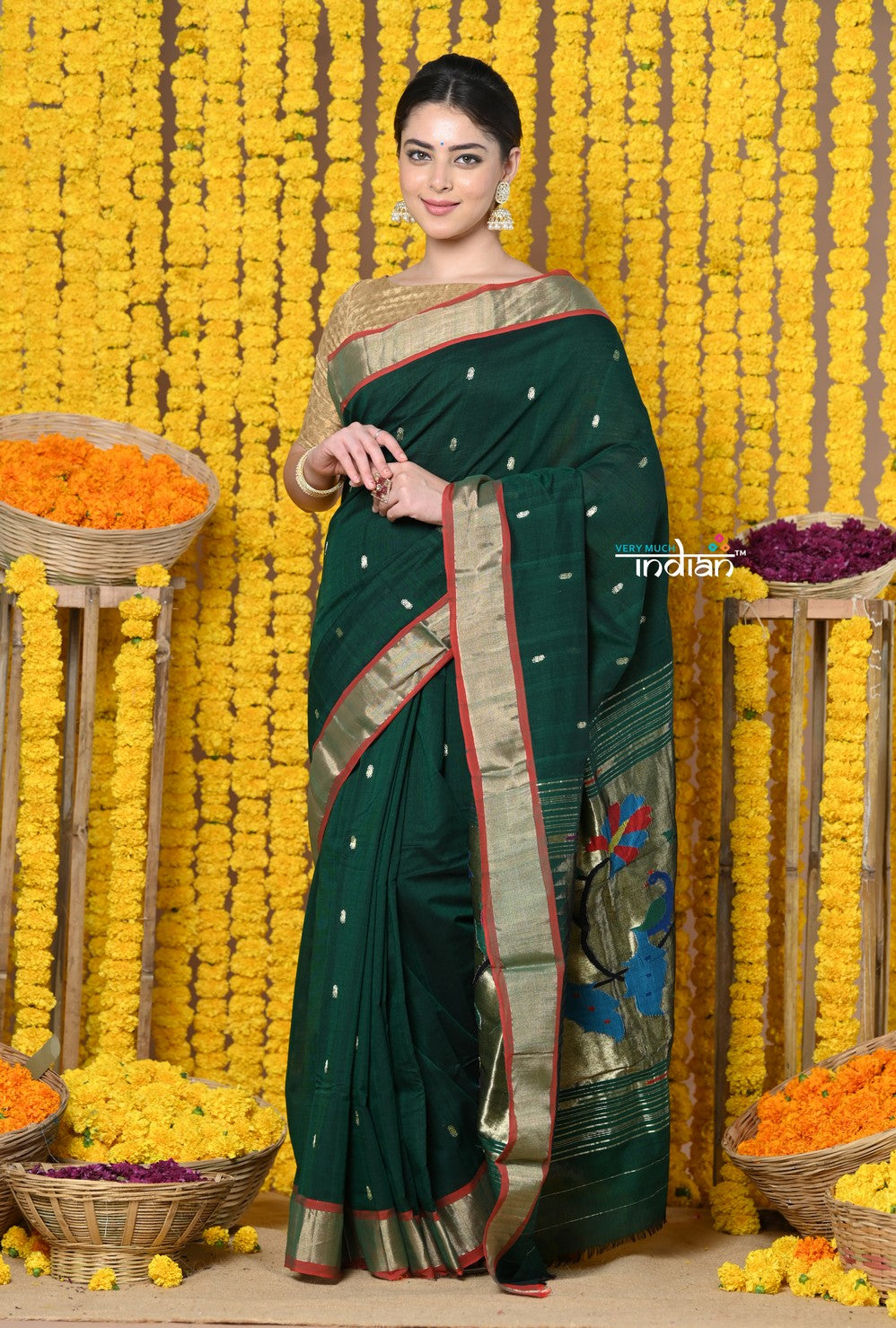 Very Much Indian Rajsi - Handloom Pure Cotton Paithani With Peacock Pallu - Dark Green | Swadesiicart