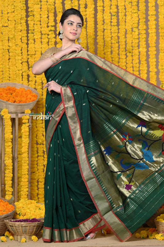 Very Much Indian Rajsi - Handloom Pure Cotton Paithani With Peacock Pallu - Dark Green | Swadesiicart