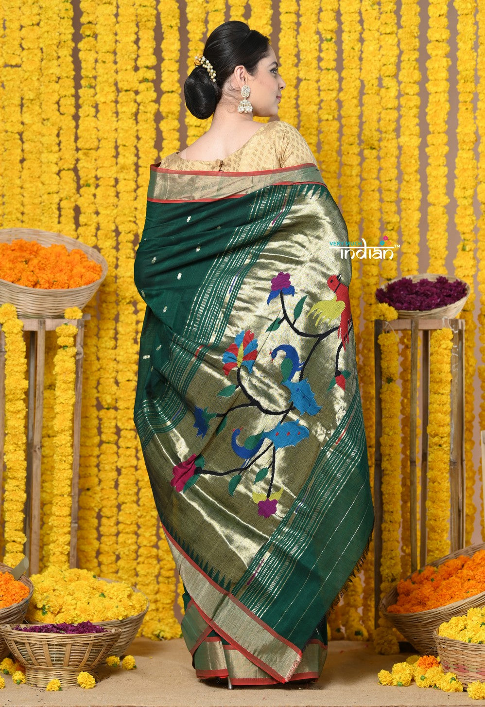 Very Much Indian Rajsi - Handloom Pure Cotton Paithani With Peacock Pallu - Dark Green | Swadesiicart