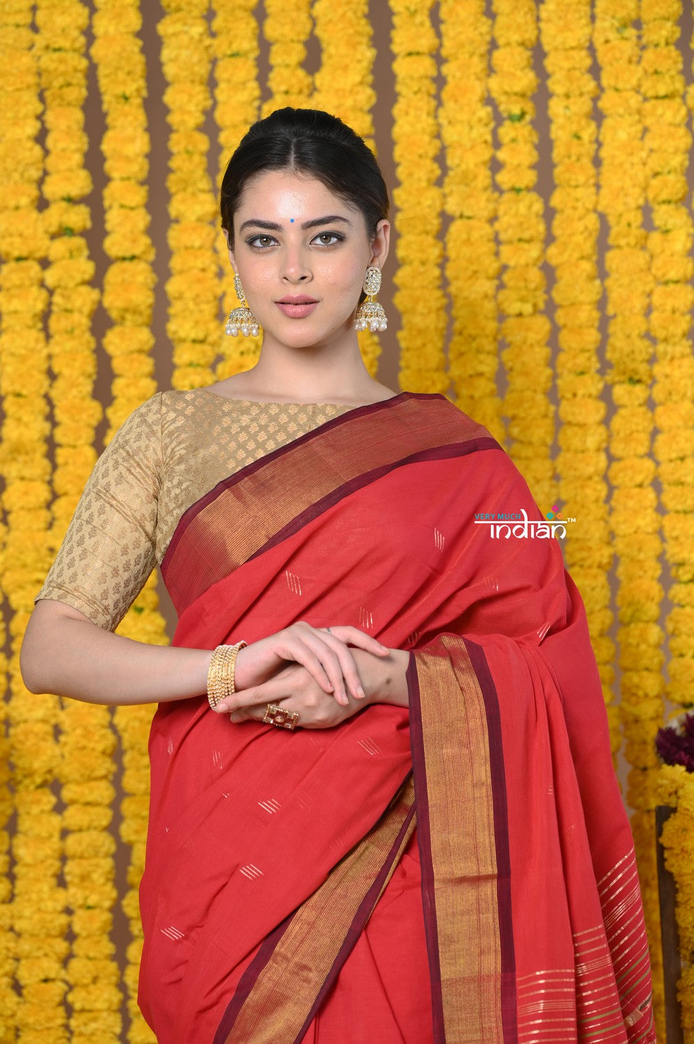 Very Much Indian Rajsi - Handloom Pure Cotton Paithani With Asawali Pallu - Red | Swadesiicart