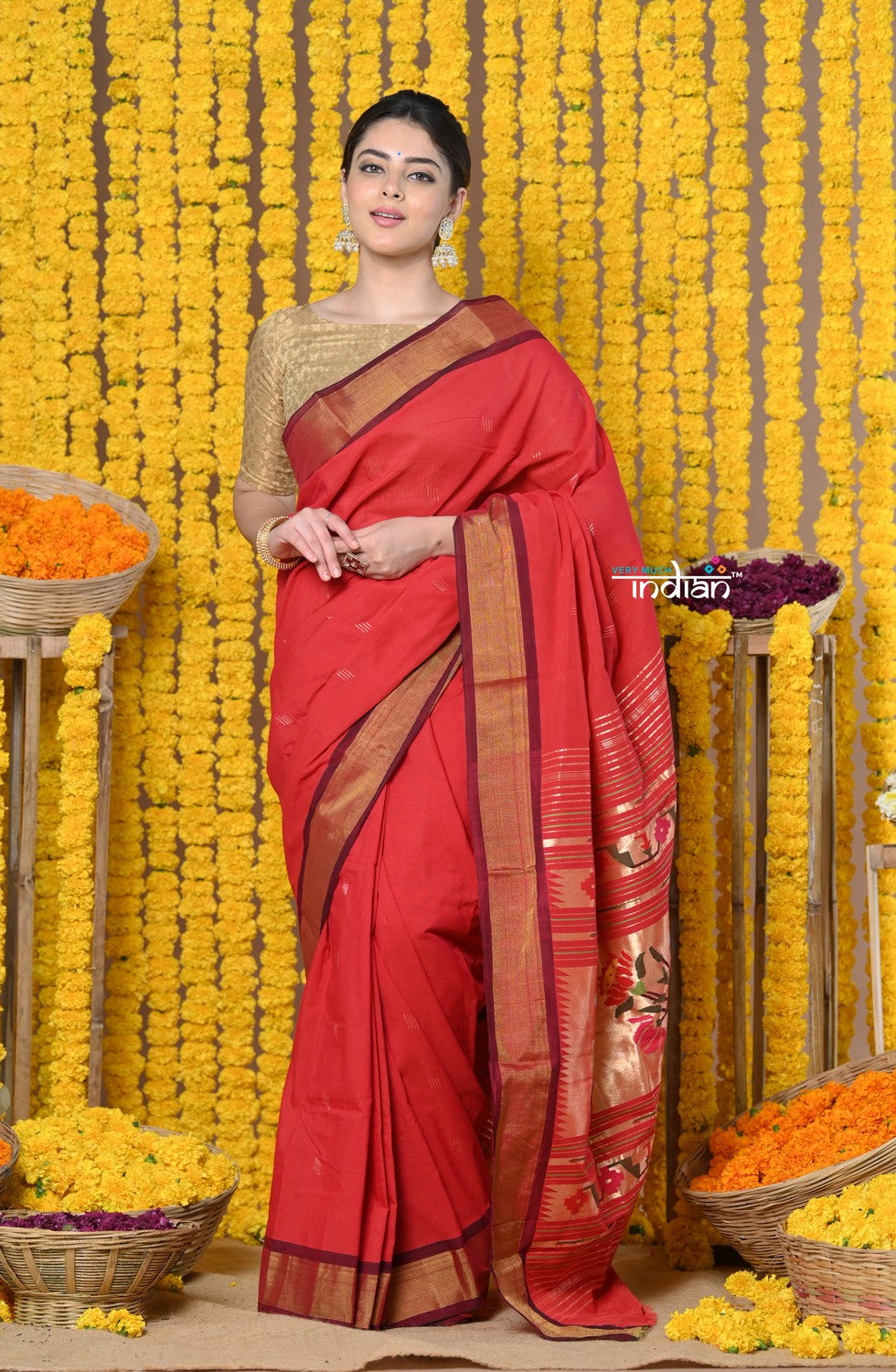 Very Much Indian Rajsi - Handloom Pure Cotton Paithani With Asawali Pallu - Red | Swadesiicart
