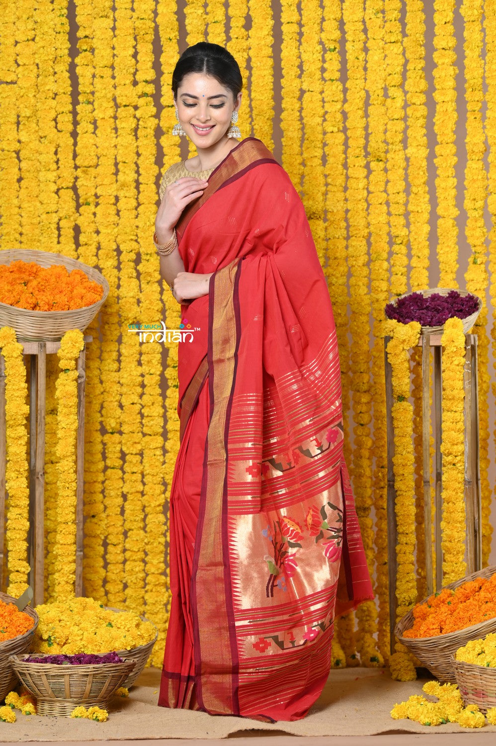 Very Much Indian Rajsi - Handloom Pure Cotton Paithani With Asawali Pallu - Red | Swadesiicart