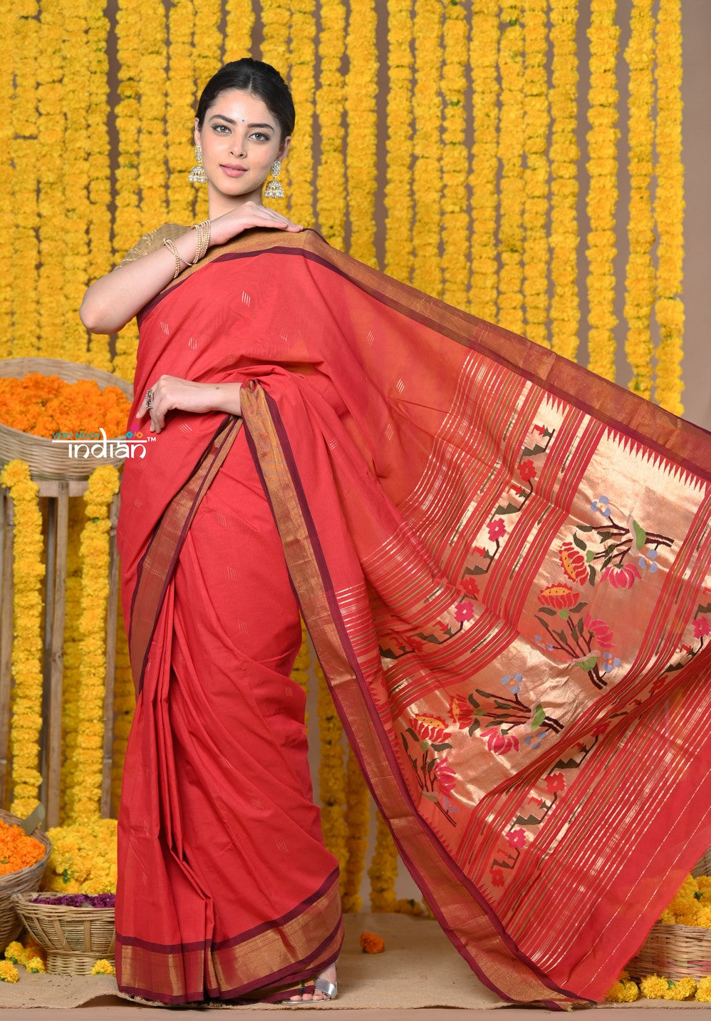 Very Much Indian Rajsi - Handloom Pure Cotton Paithani With Asawali Pallu - Red | Swadesiicart