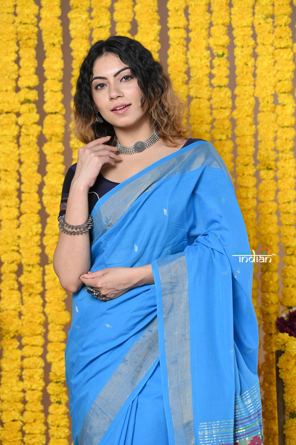 Very Much Indian Rajsi - Handloom Pure Cotton Paithani With Asawali Pallu - Cerrulean Blue | Swadesiicart