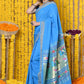 Very Much Indian Rajsi - Handloom Pure Cotton Paithani With Asawali Pallu - Cerrulean Blue | Swadesiicart