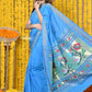 Very Much Indian Rajsi - Handloom Pure Cotton Paithani With Asawali Pallu - Cerrulean Blue | Swadesiicart