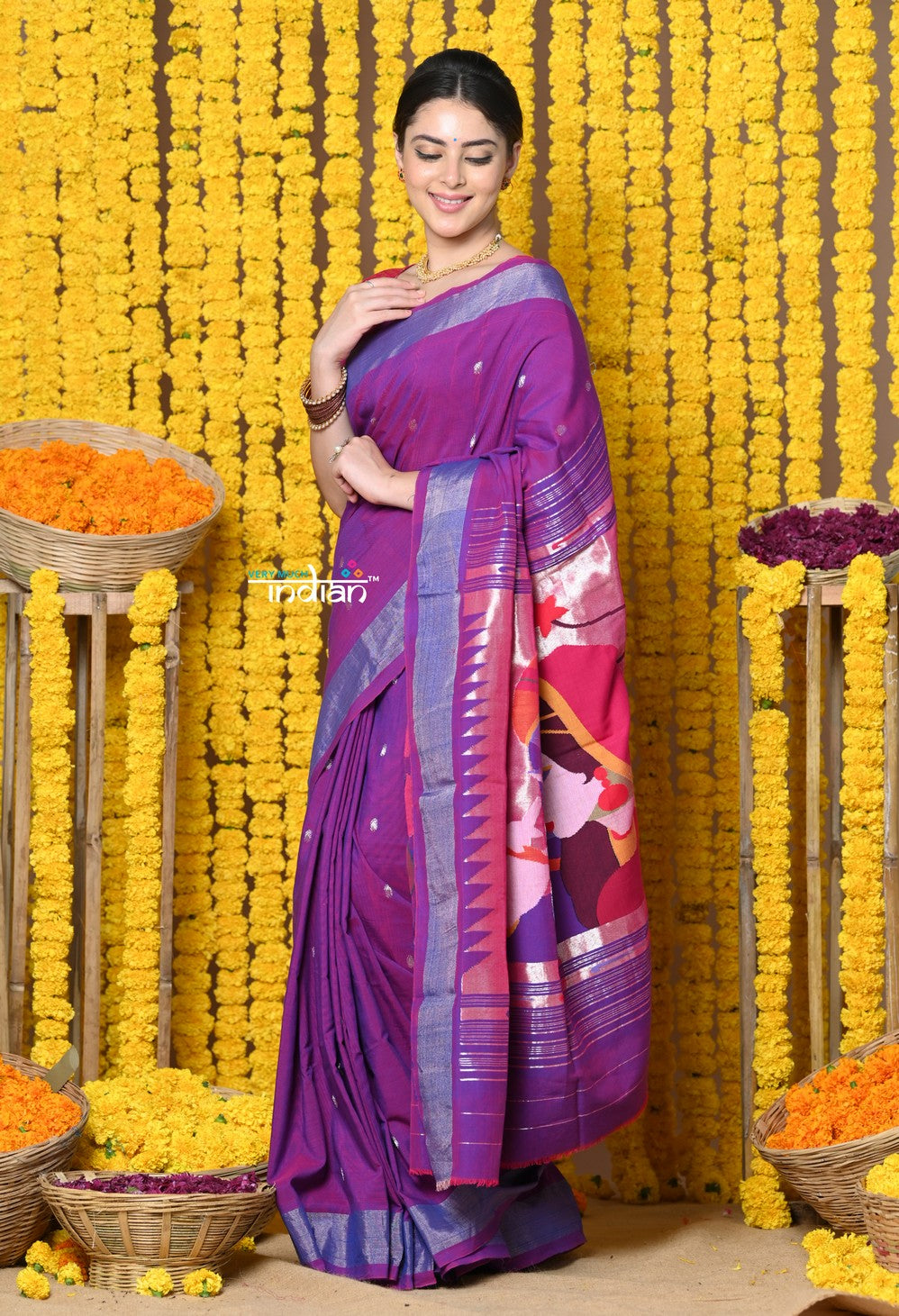 Very Much Indian Rajsi - Handloom Pure Cotton Paithani With Radha Krishna Pallu - Dual Tone Purple | Swadesiicart