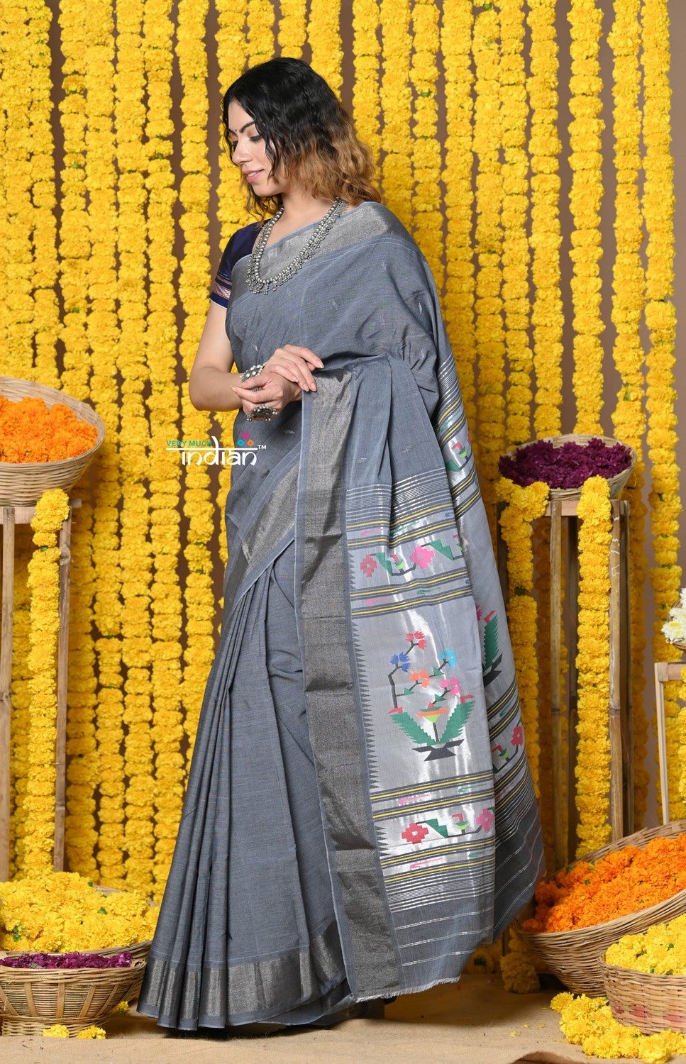 Very Much Indian Rajsi - Handloom Pure Cotton Paithani With Asawali Pallu - Grey | Swadesiicart