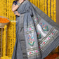Very Much Indian Rajsi - Handloom Pure Cotton Paithani With Asawali Pallu - Grey | Swadesiicart