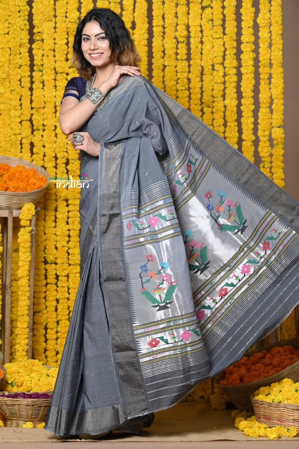 Very Much Indian Rajsi - Handloom Pure Cotton Paithani With Asawali Pallu - Grey | Swadesiicart
