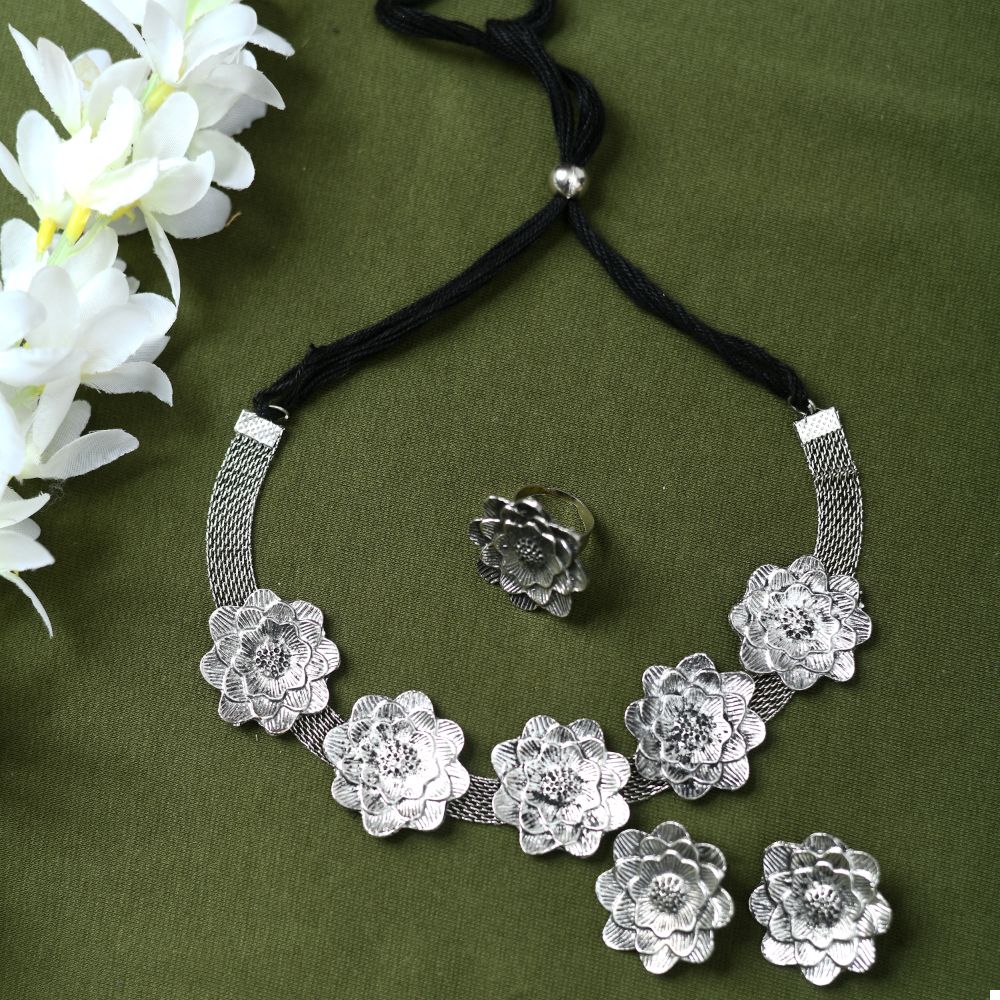 Mominos Fashion Johar Kamal Silver-Plated Brass Finish Rose Design Choker For Women (Silver) | Swadesiicart