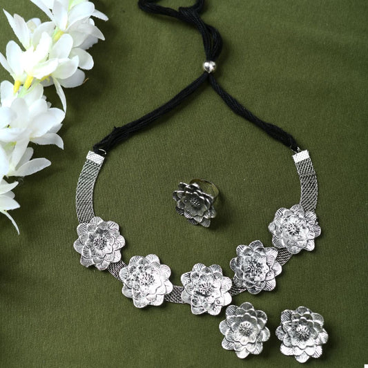Mominos Fashion Johar Kamal Silver-Plated Brass Finish Rose Design Choker For Women (Silver) | Swadesiicart
