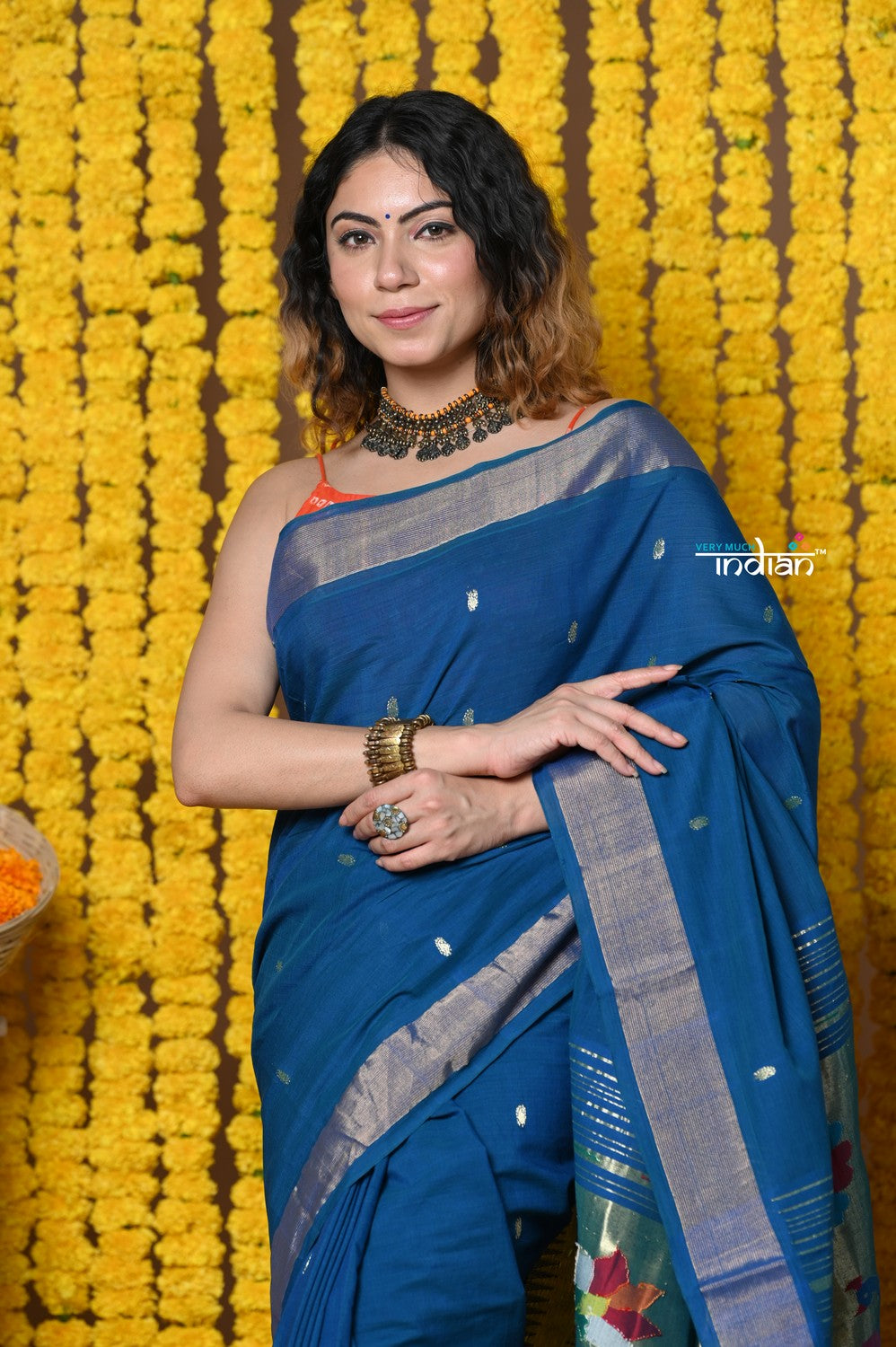 Very Much Indian Rajsi - Handloom Pure Cotton Paithani With Peacock Pallu - Teal Blue | Swadesiicart