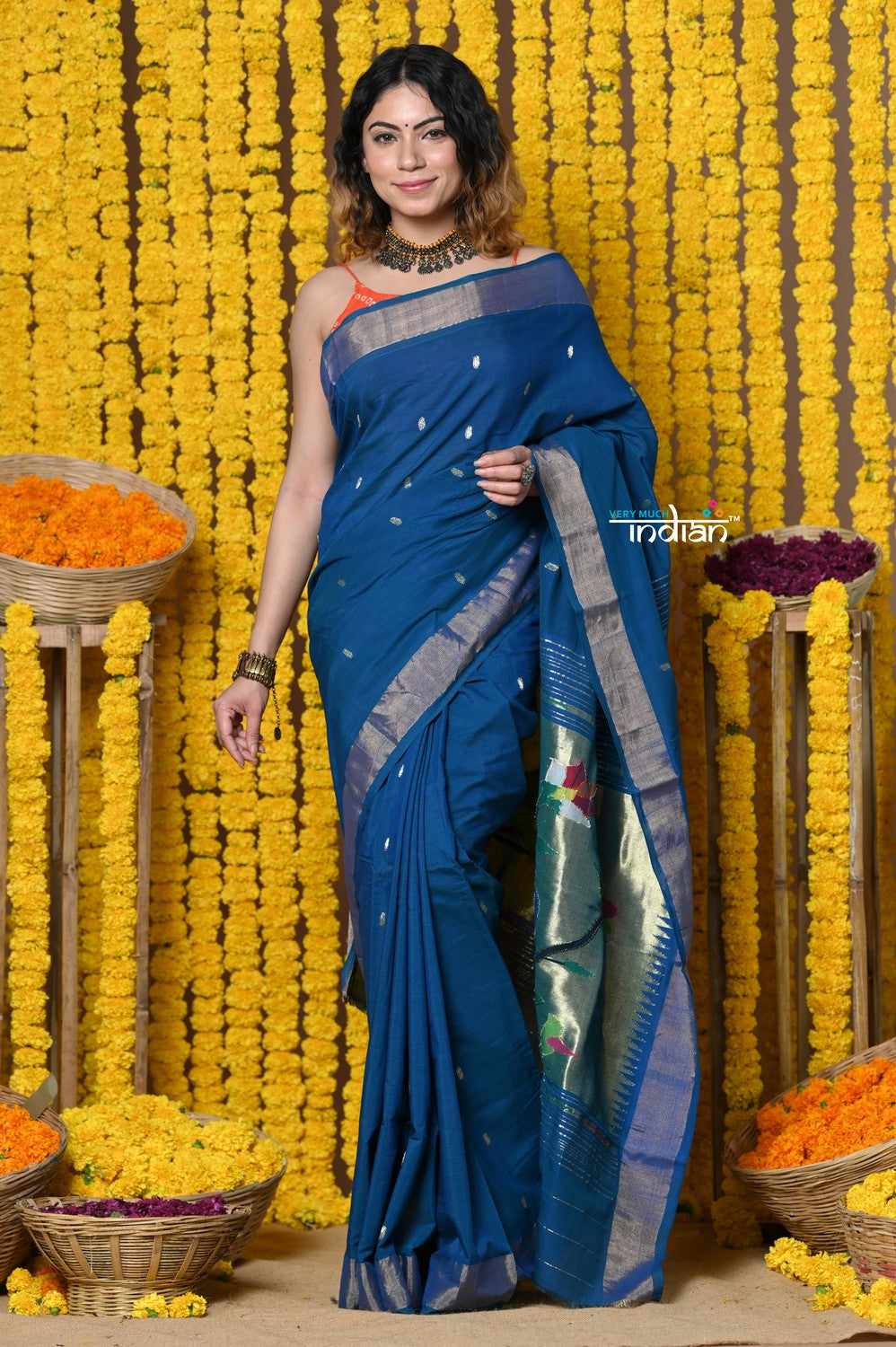 Very Much Indian Rajsi - Handloom Pure Cotton Paithani With Peacock Pallu - Teal Blue | Swadesiicart