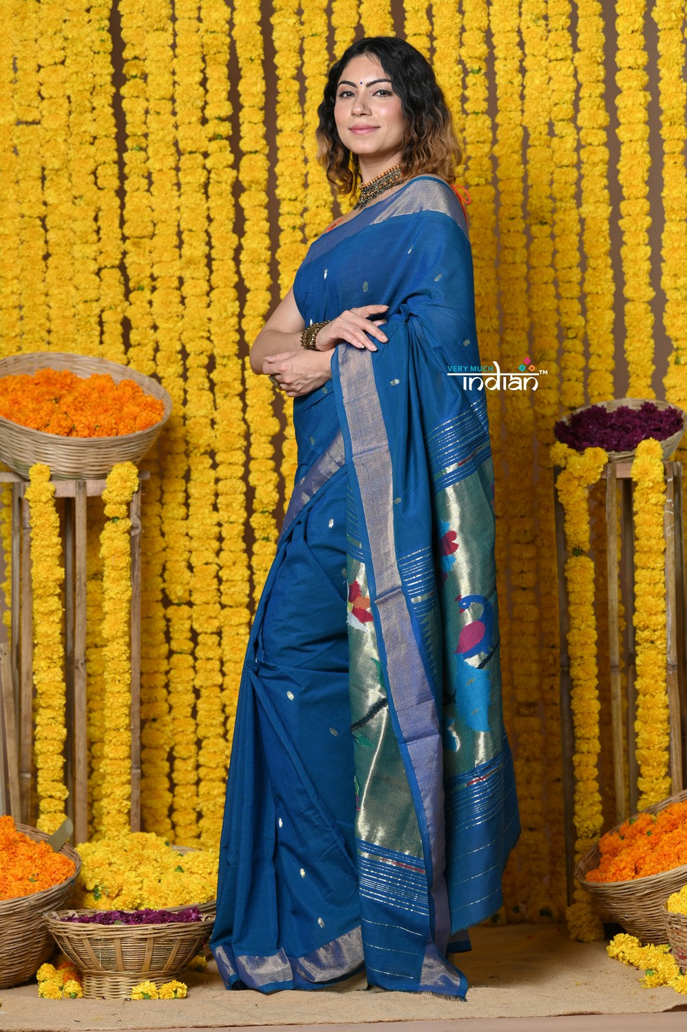 Very Much Indian Rajsi - Handloom Pure Cotton Paithani With Peacock Pallu - Teal Blue | Swadesiicart