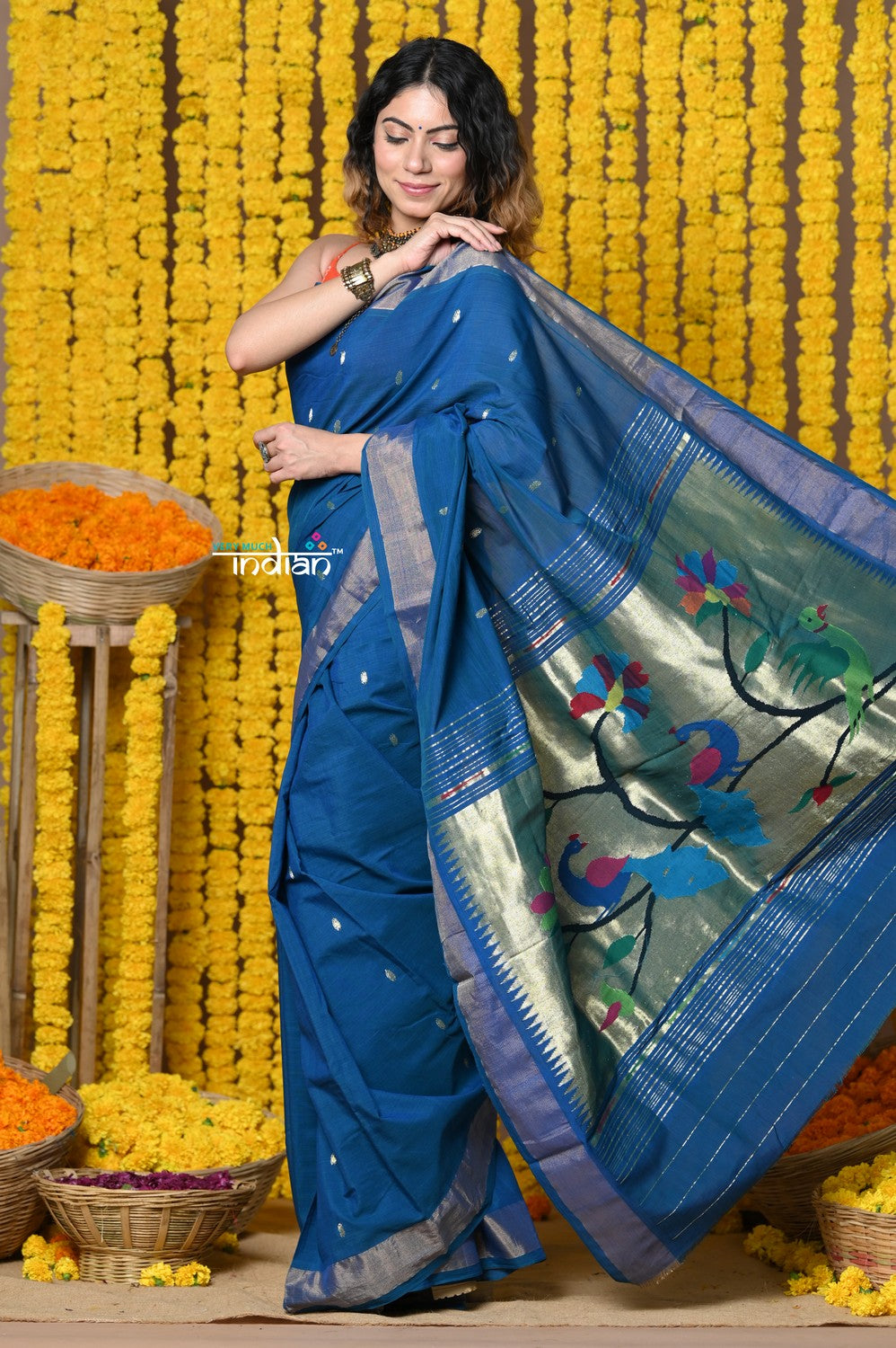 Very Much Indian Rajsi - Handloom Pure Cotton Paithani With Peacock Pallu - Teal Blue | Swadesiicart