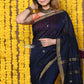 Very Much Indian Rajsi - Designed by VMI! High Quality Mul Cotton Handloom Woven Saree With Sleek Border in dark blue | Swadesiicart
