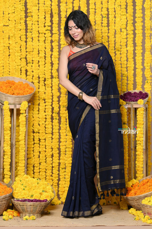 Very Much Indian Rajsi - Designed by VMI! High Quality Mul Cotton Handloom Woven Saree With Sleek Border in dark blue | Swadesiicart