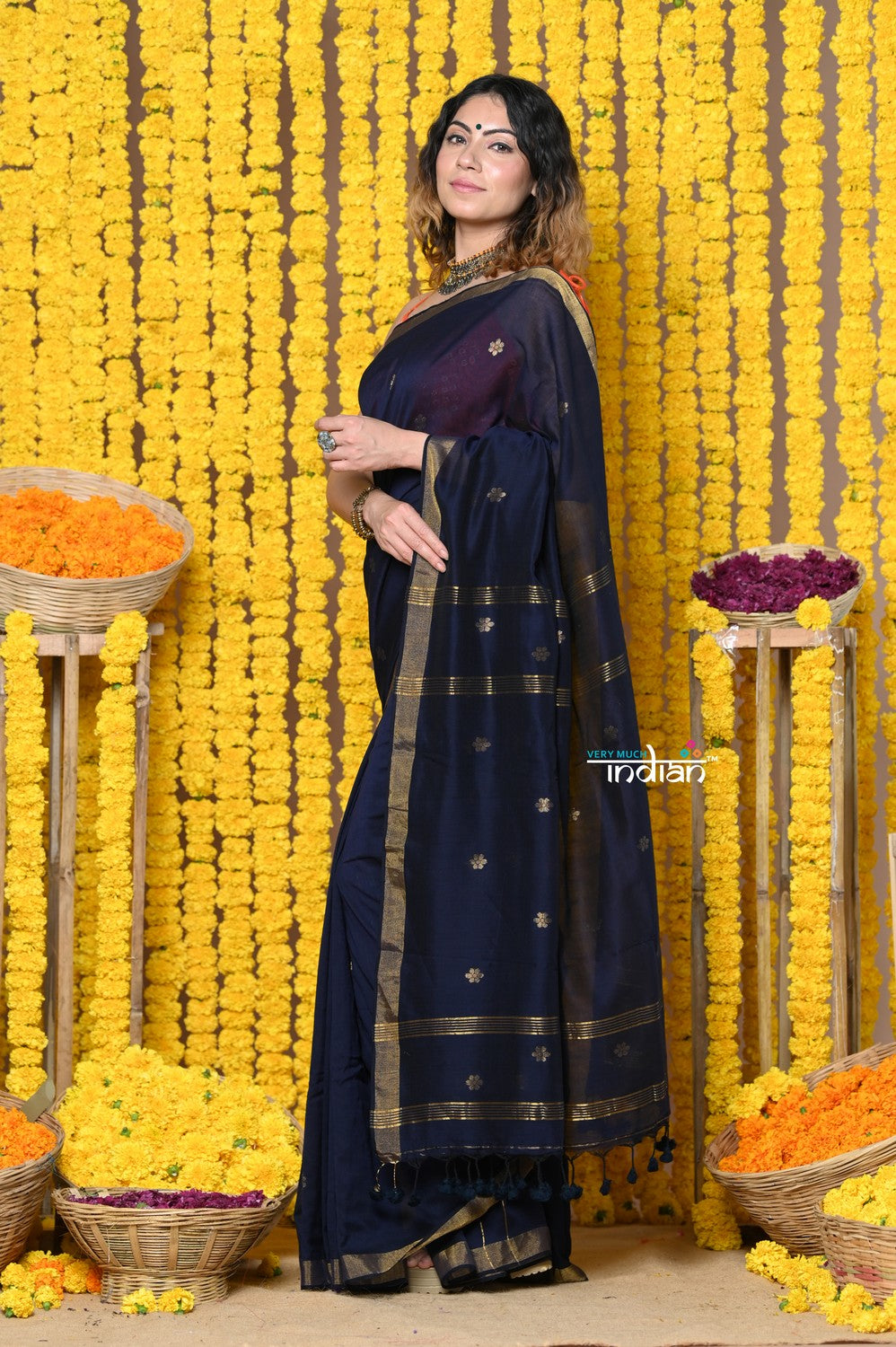 Very Much Indian Rajsi - Designed by VMI! High Quality Mul Cotton Handloom Woven Saree With Sleek Border in dark blue | Swadesiicart