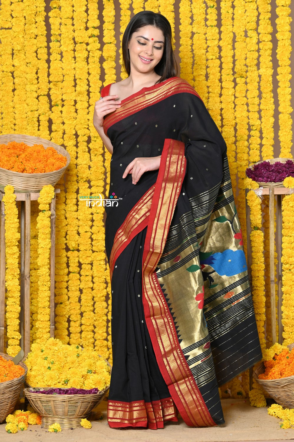 Very Much Indian Rajsi - Handloom Pure Cotton Paithani With Peacock Pallu - Black | Swadesiicart