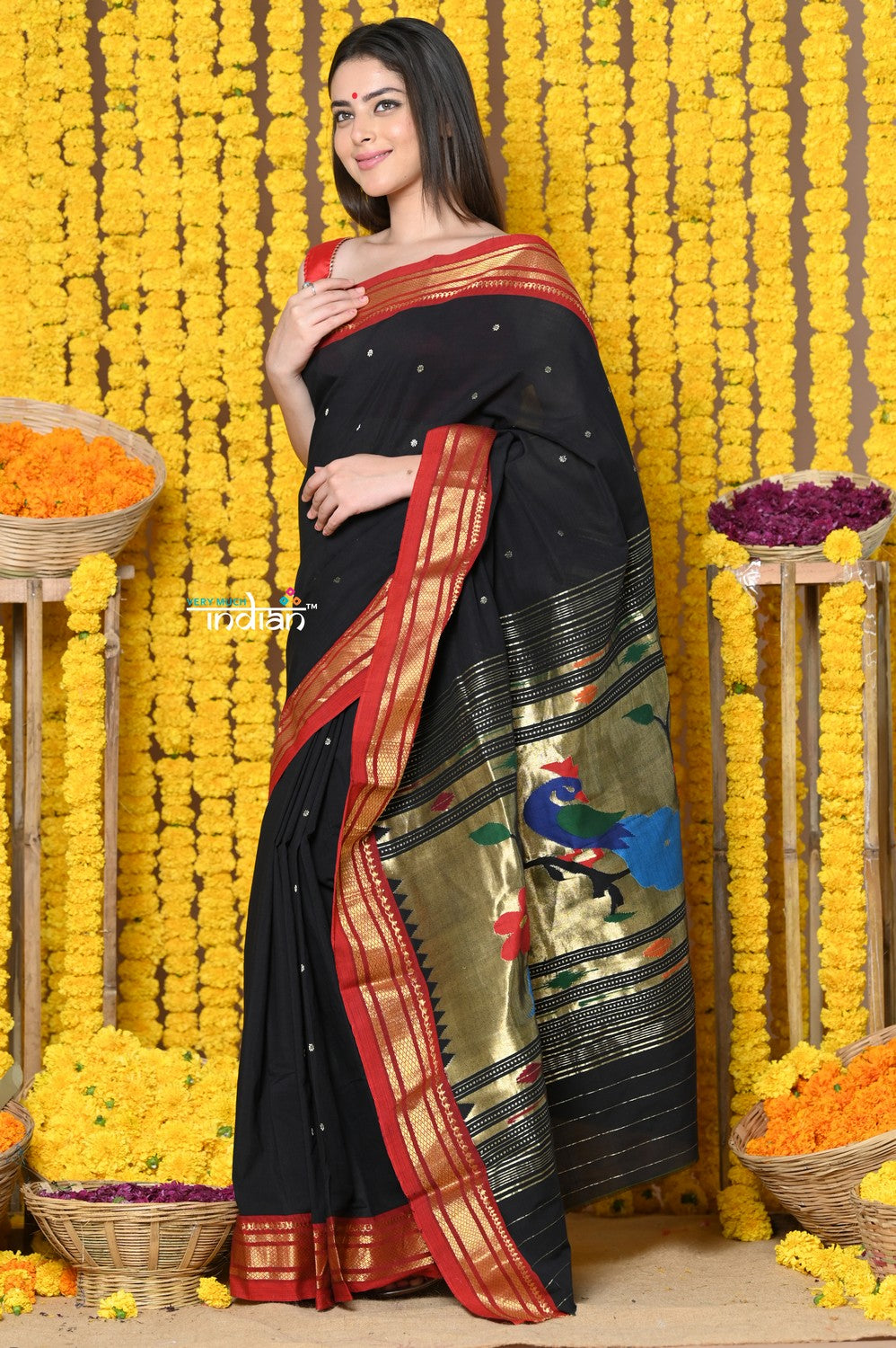 Very Much Indian Rajsi - Handloom Pure Cotton Paithani With Peacock Pallu - Black | Swadesiicart