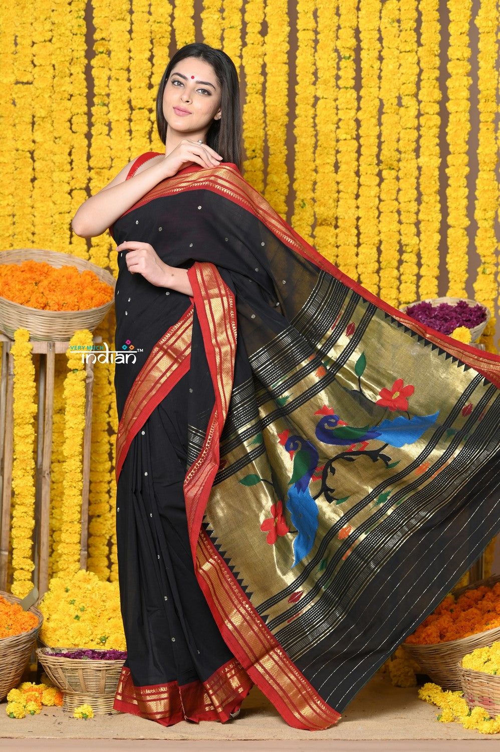 Very Much Indian Rajsi - Handloom Pure Cotton Paithani With Peacock Pallu - Black | Swadesiicart