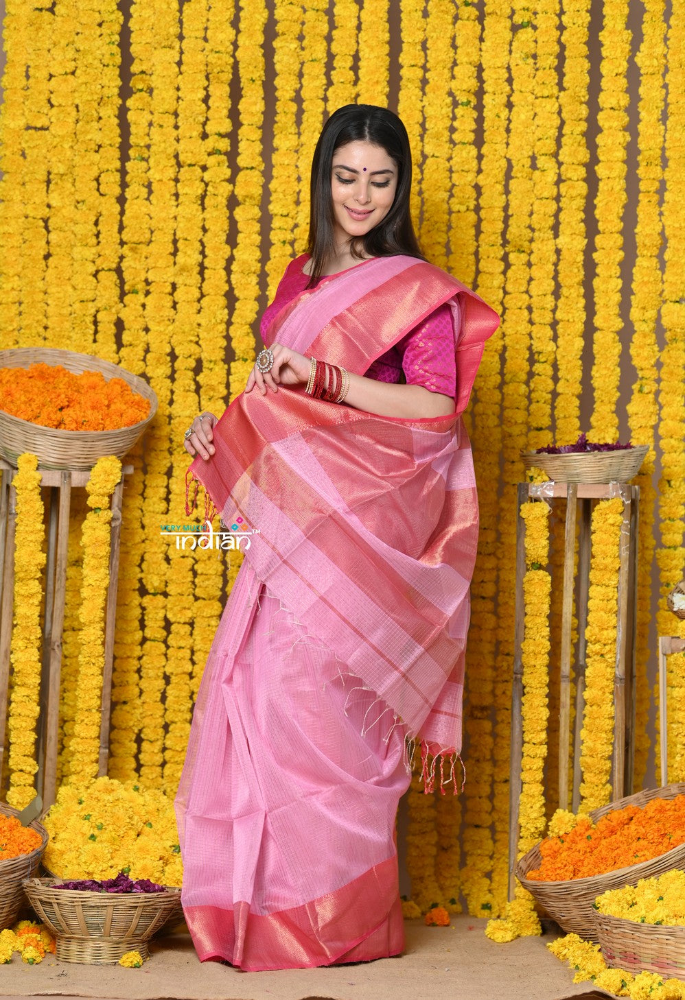Very Much Indian Rajsi - Handloom Ari Checks Cotton Silk Saree with Golden Border in Pink | Swadesiicart