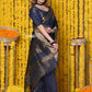 Very Much Indian Rajsi - Handloom Ari Checks Cotton Silk Saree with Golden Border in Indigo Blue | Swadesiicart