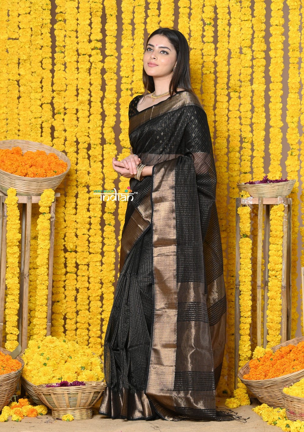 Very Much Indian Rajsi - Handloom Ari Checks Cotton Silk Saree with Golden Border in Black | Swadesiicart
