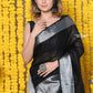 Very Much Indian Rajsi - Designer Linen Saree With Premium Sleek Silver Border in Black | Swadesiicart