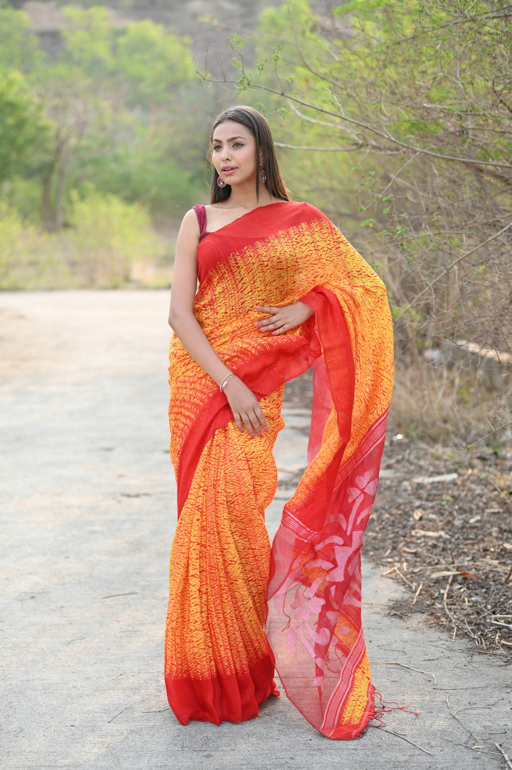 Very Much Indian Pure Matka Silk Handloom Jamdhani with Shibori Tie & Dye (with Silk Mark) - yellow | Swadesiicart